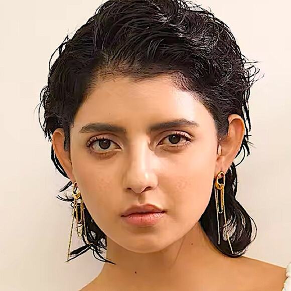 Gold Stainless Steel Silver Geometric Dangle Earrings - Picture 7 of 10